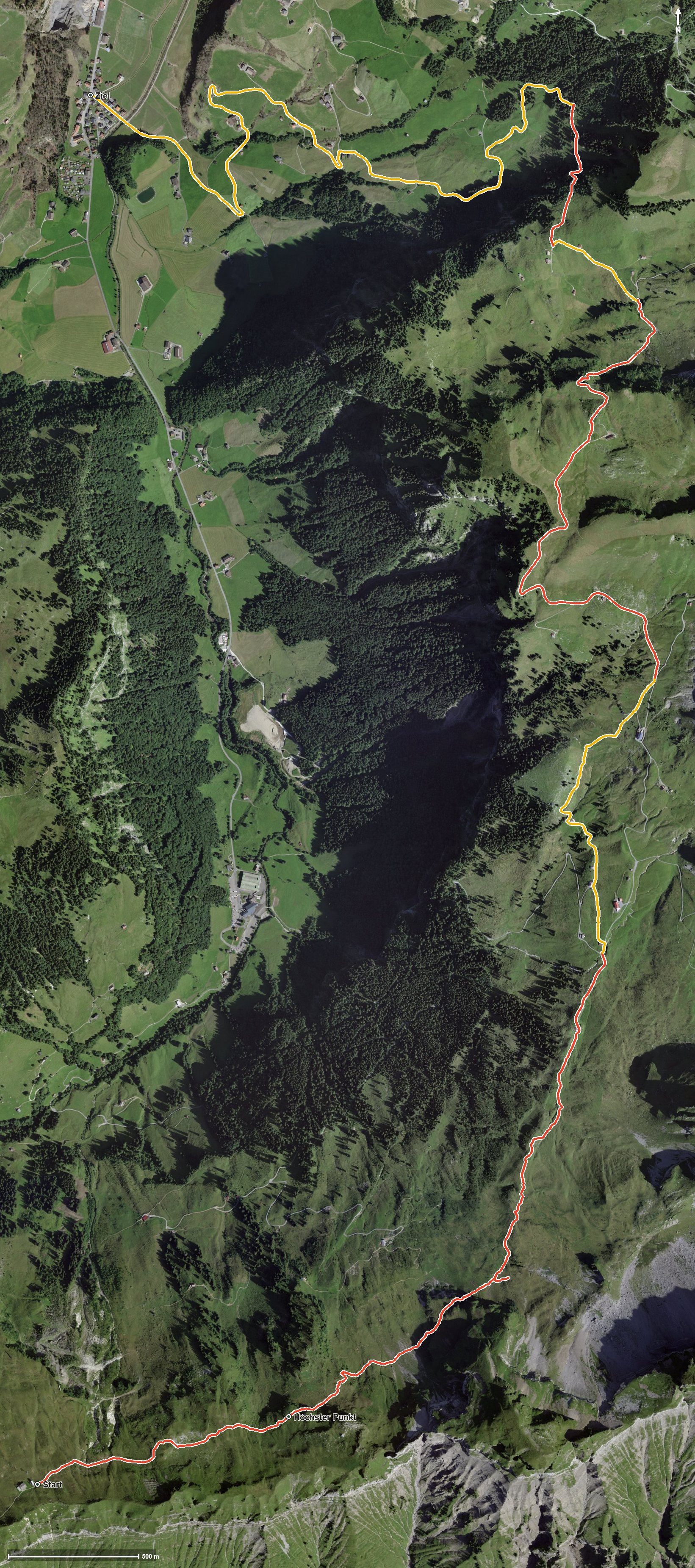 Luftbild mit eingezeichneter Route: Wanderung zur Eishöhle Wannenalp