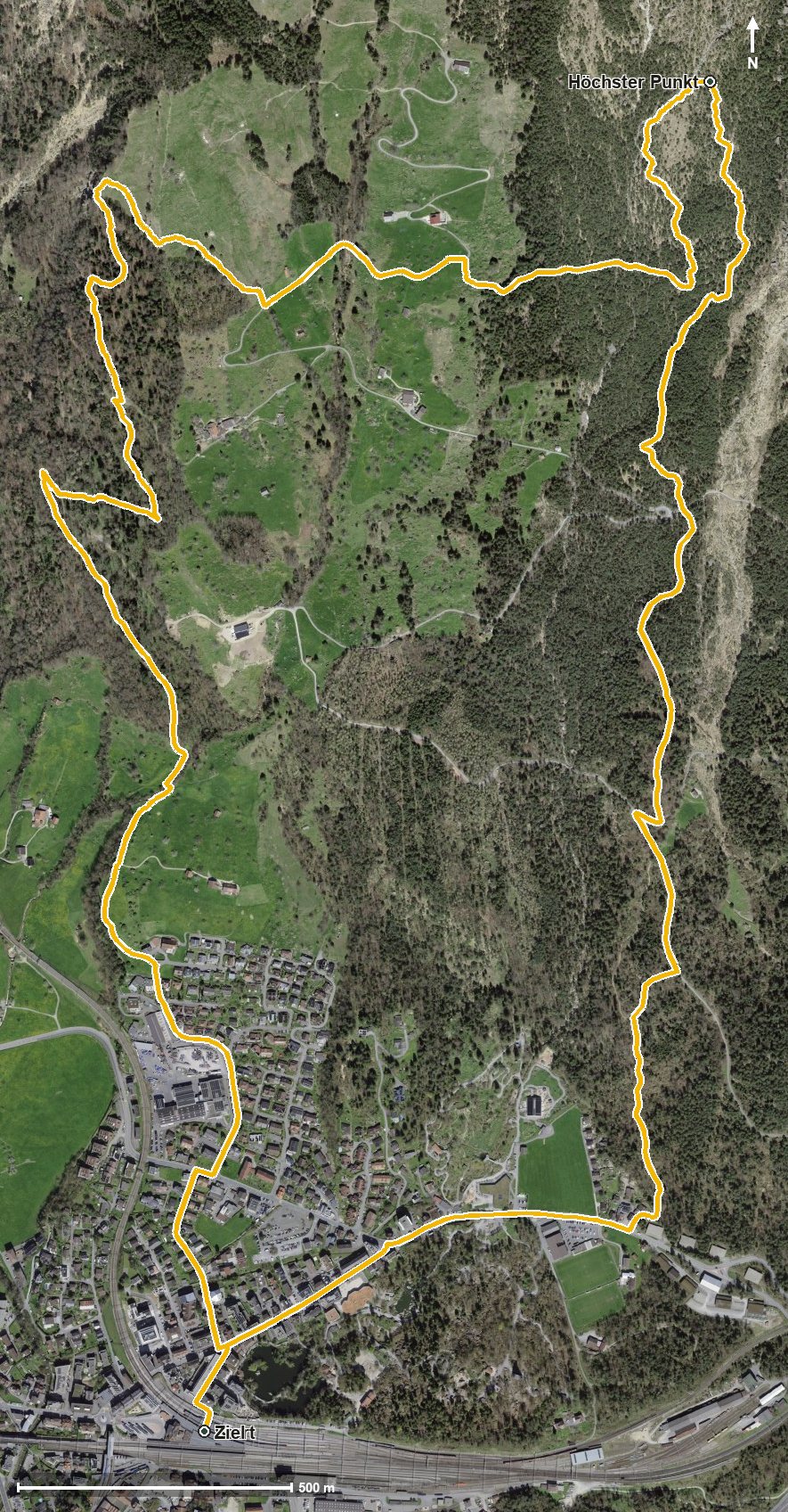 Luftbild mit eingezeichneter Route: WanderWunder Schwyz: Goldauer Bergsturzspur
