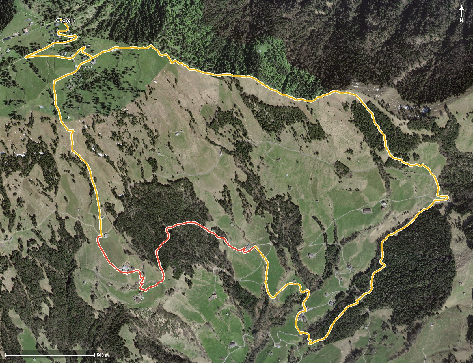 Luftbild mit eingezeichneter Route: WanderWunder Schwyz: Rigi Burggeist