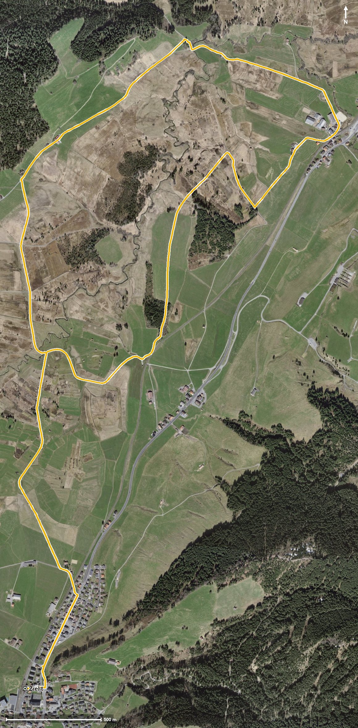 Luftbild mit eingezeichneter Route: WanderWunder Schwyz: Rundwanderung Moorlandschaft Rothenthurm