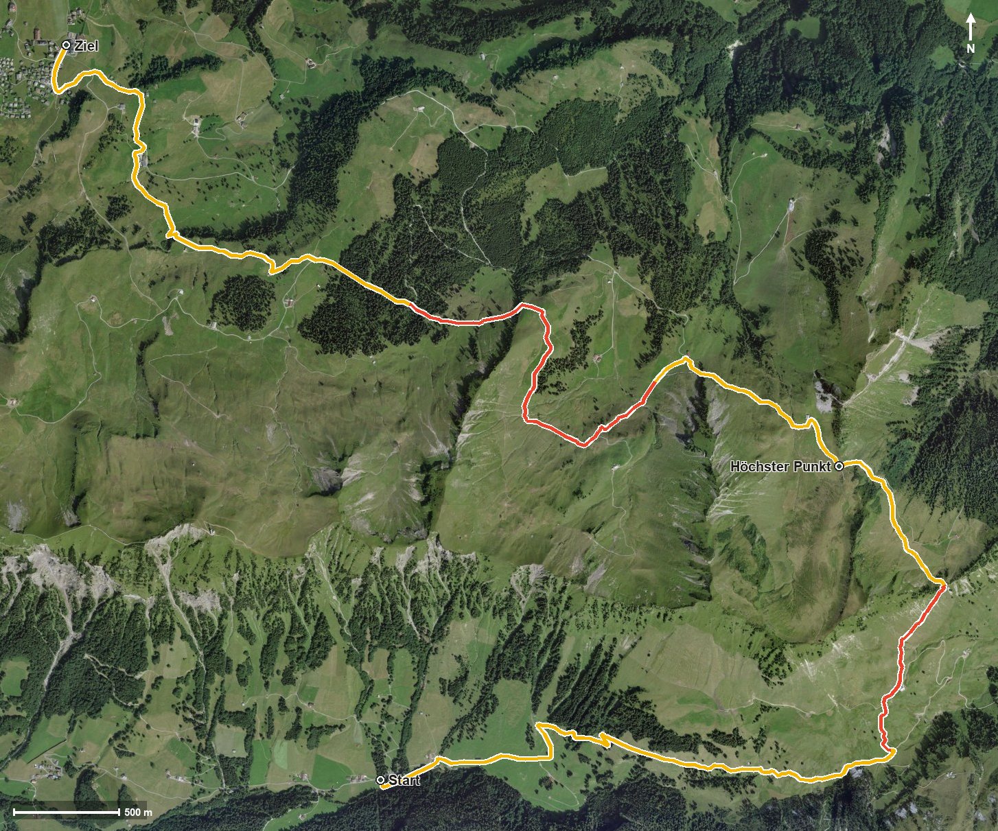 Luftbild mit eingezeichneter Route: WanderWunder Schwyz: Von Riemenstalden zum Stoos