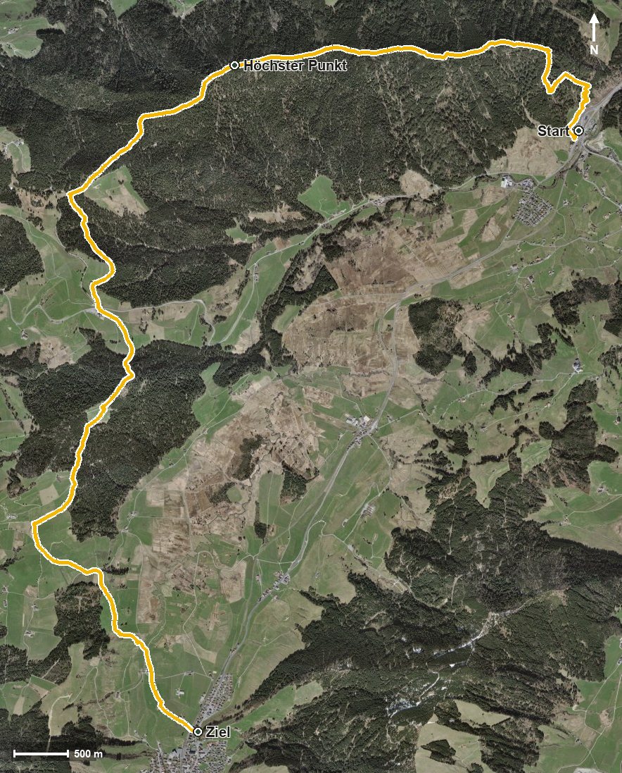 Luftbild mit eingezeichneter Route: Wildspitz Höhronen