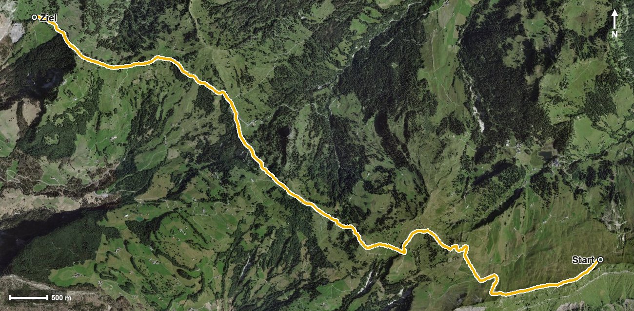 Luftbild mit eingezeichneter Route: Ybriger 7-Egg-Wanderweg
