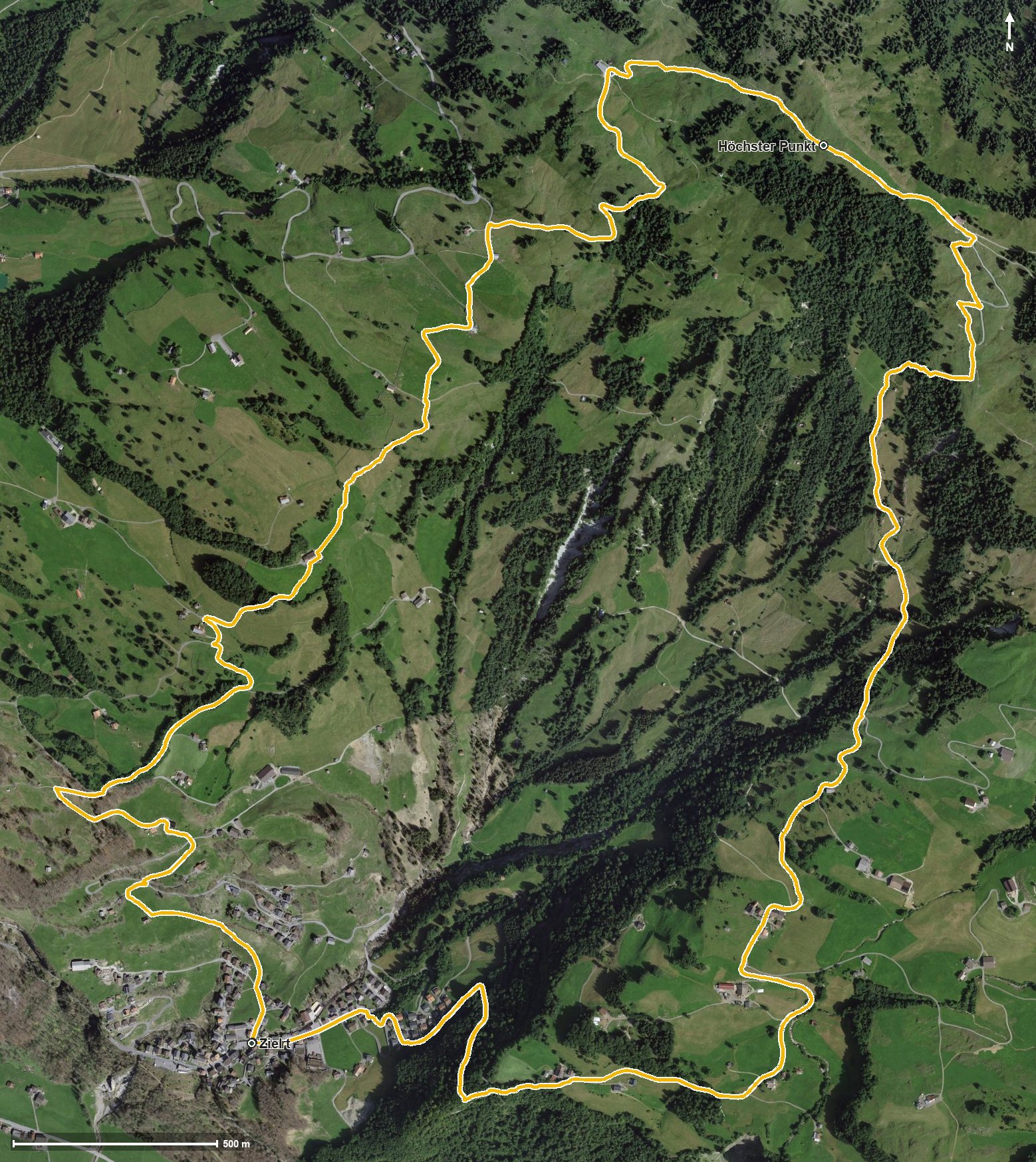 Luftbild mit eingezeichneter Route: Zum Aussichtspunkt Sternenegg