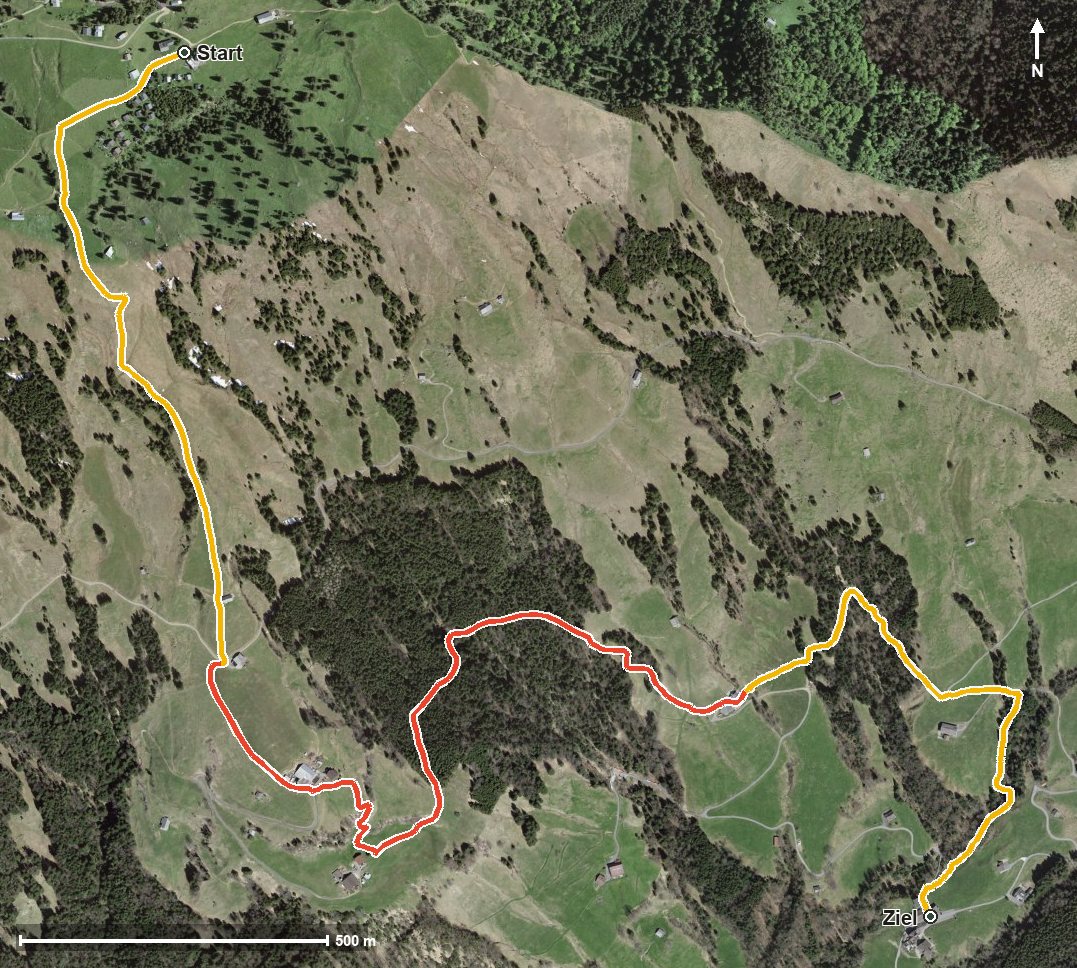 Luftbild mit eingezeichneter Route: Zwärgliweg Rigi Burggeist